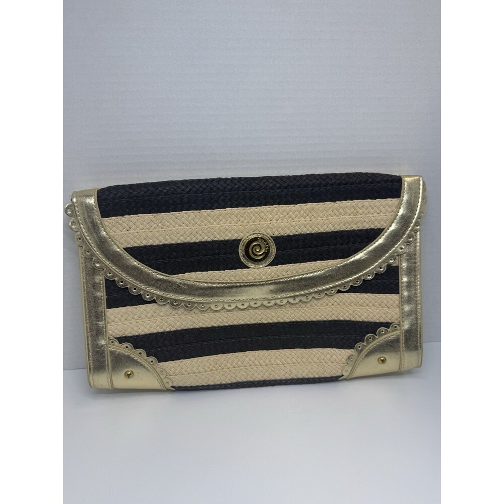 Mudpie Black Tan Stripe Gold Scallop Edge Envelope Clutch Straw Bag